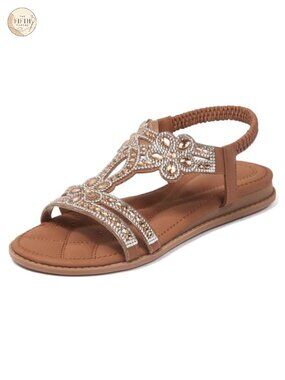 Rhinestone Strappy Flat Sandals Faux Leather Open Toe Elastic Ankle Strap
